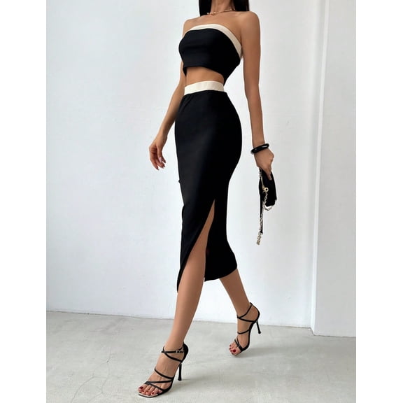 MORTTIC Women's 2-Piece Summer Outfit Strapless Crop Top and High Slit Maxi Skirt Set for Vacation & Party, XS