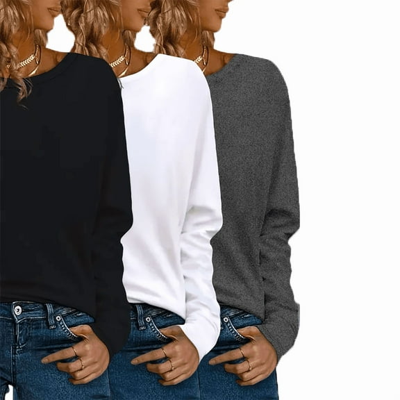 MORTTIC Women's 3-Pack Plus Size Long Sleeve Crew Neck T-Shirts, Loose Fit Basic Casual Tee Tops Black White Gray,2XL