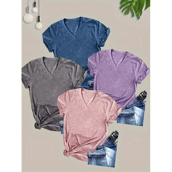 MORTTIC Women's 4-Pack V-Neck T-Shirts, Short Sleeve Loose Fit Summer Casual Basic Tees for Daily Wear