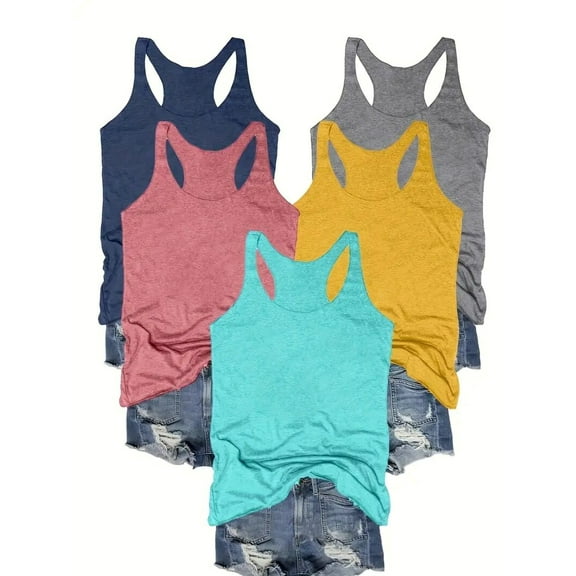 MORTTIC Women's 5-Pack Racerback Tank Tops Summer Casual Sleeveless Crew Neck Basics for Everyday Comfort , 2XL