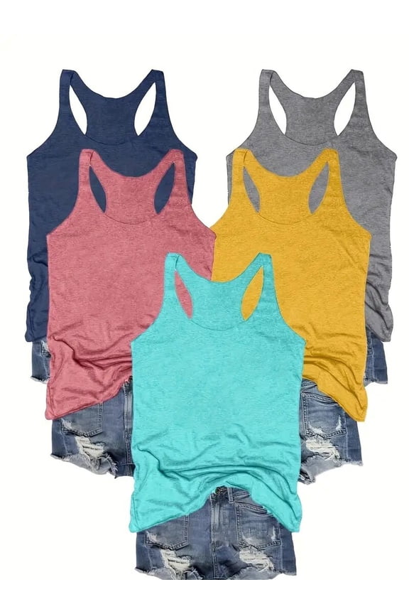 Women's 5-Pack Racerback Tank Tops Summer Casual Sleeveless Crew Neck Basics for Everyday Comfort , 2XL