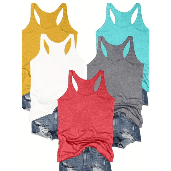 MORTTIC Women's 5-Pack Racerback Tank Tops Summer Casual Sleeveless Crew Neck Basics for Everyday Comfort , L