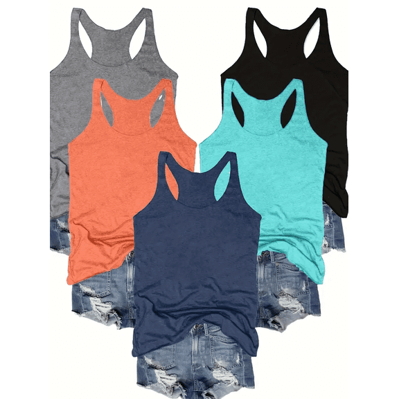 MORTTIC Women's 5-Pack Racerback Tank Tops Summer Casual Sleeveless Crew Neck Basics for Everyday Comfort , L