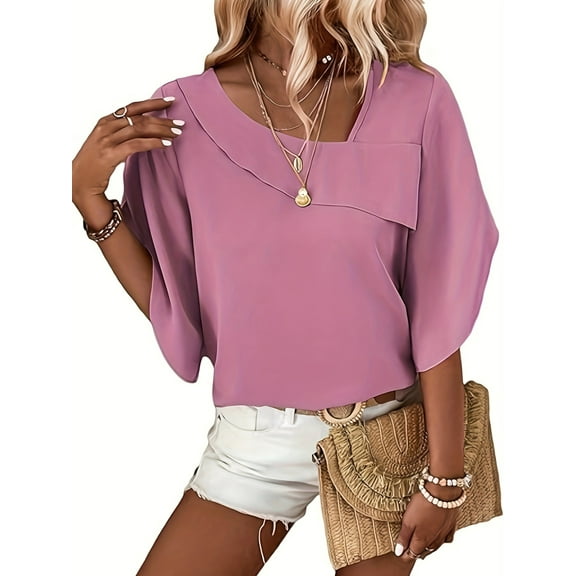 MORTTIC Women's Asymmetrical V-Neck Blouse, Dressy Casual Petal Sleeve Work Top, Summer Business Shirt, L