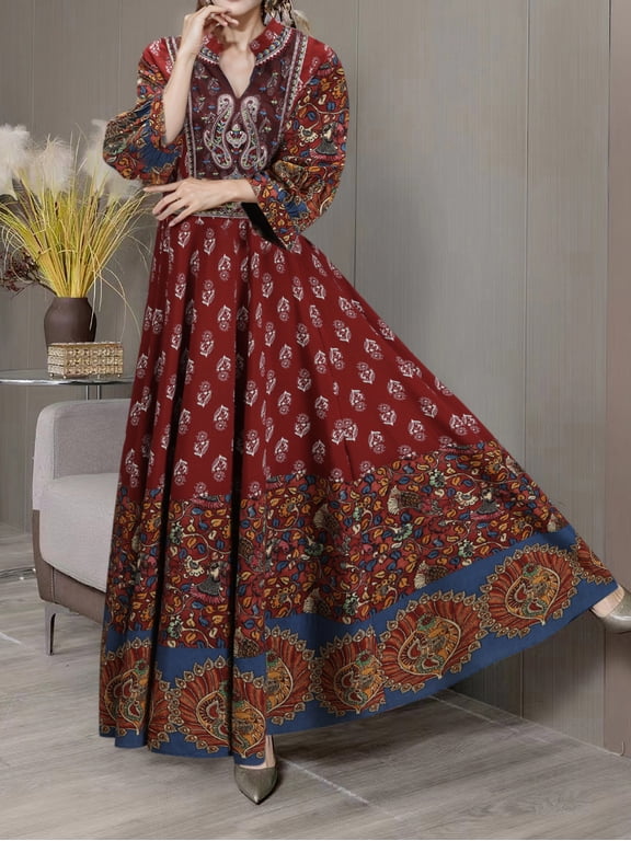 Women's Bohemian 3/4 Sleeve Floral Swing Dress Ethnic Embroidery Notched Neck Big Swing Dress, L