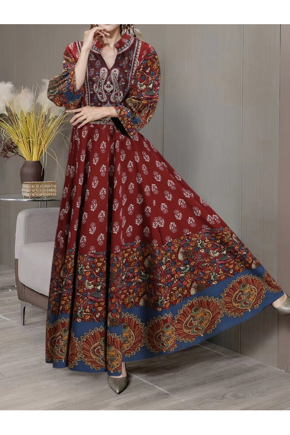 Women's Bohemian 3/4 Sleeve Floral Swing Dress Ethnic Embroidery Notched Neck Big Swing Dress, L