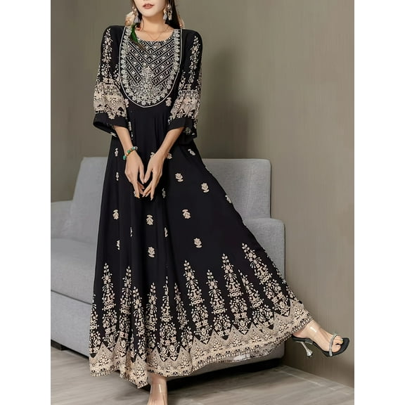 MORTTIC Women's Bohemian Embroidered Maxi Dress Elegant 3/4 Sleeve Swing Dress