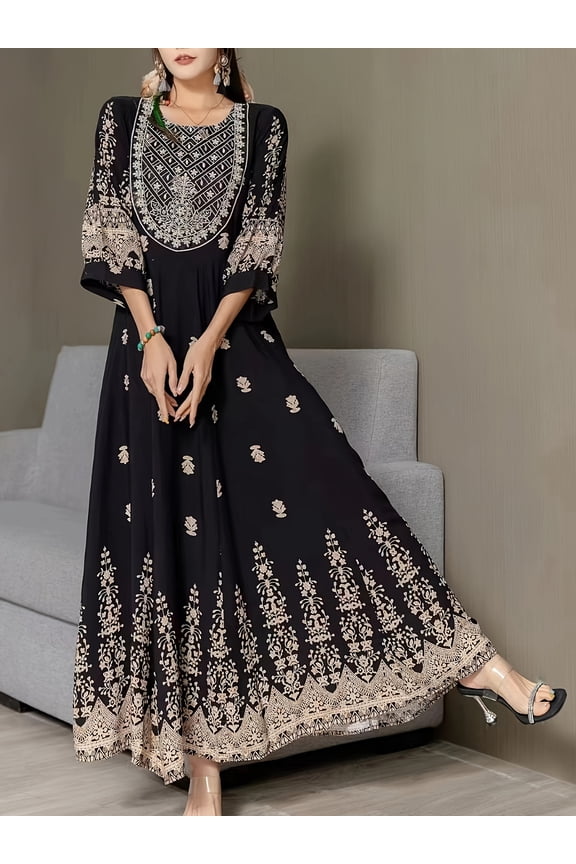 Women's Bohemian Embroidered Maxi Dress Elegant 3/4 Sleeve Swing Dress