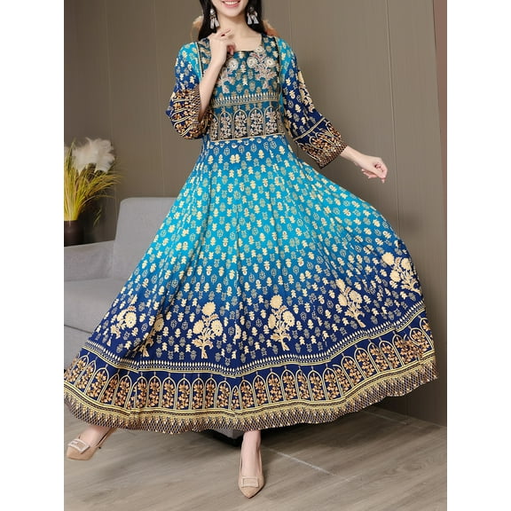 MORTTIC Women's Bohemian Paisley Print Maxi Dress, Square Neck Embroidered 3/4 Sleeve Flowy Party Dress