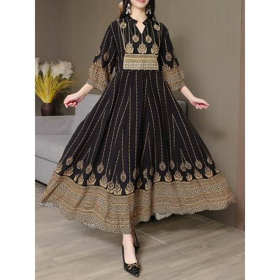 MORTTIC Women's Bohemian Paisley Print V Maxi Dress V-Neck Embroidered 3/4 Sleeve Party Dress, M