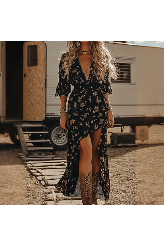 Women's Bohemian Western Style Floral Dress - V-Neck Ruffle Trim A-Line Dress with Asymmetrical Hem Floral,L