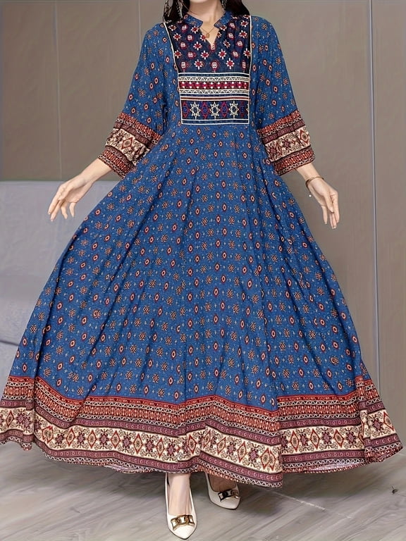Women's Boho Embroidered Floral Dress, European Ethnic Style 3/4 Sleeve V-Neck Bohemian Dress, L