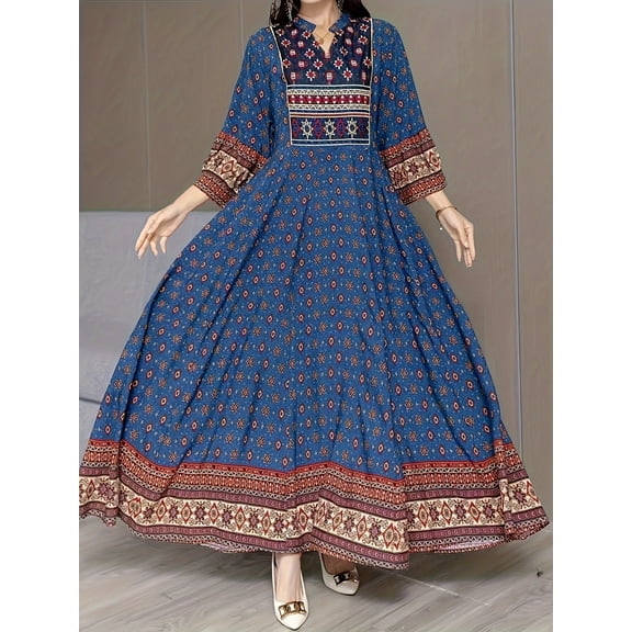 MORTTIC Women's Boho Embroidered Floral Dress, European Ethnic Style 3/4 Sleeve V-Neck Bohemian Dress, M