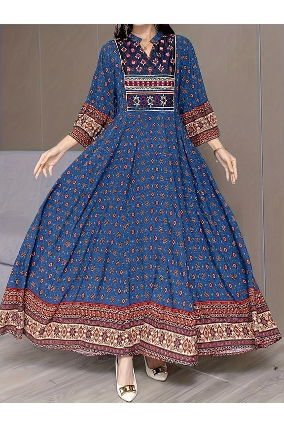 Women's Boho Embroidered Floral Dress, European Ethnic Style 3/4 Sleeve V-Neck Bohemian Dress, S