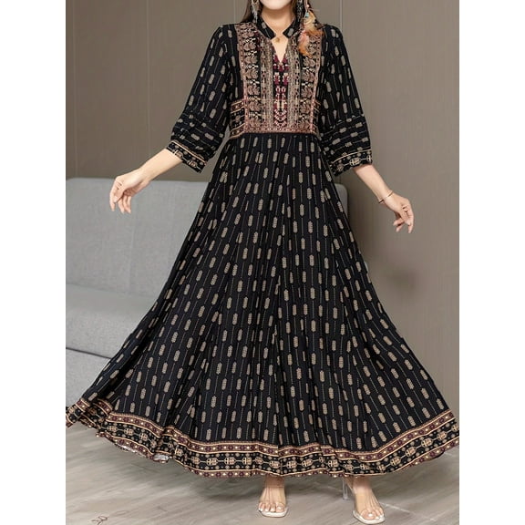 MORTTIC Women's Boho Embroidered Long Sleeve Maxi Dress Fashion V-Neck Elegant Party Long Dress