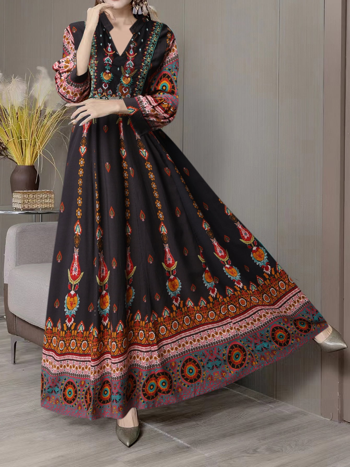 MORTTIC Women's Boho Embroidered Maxi Dress V-Neck 3/4 Sleeve Ethnic Long Dress for Elegant Style, S - Walmart.com MORTTIC Women's Boho Embroidered Maxi Dress V-Neck 3/4 Sleeve Ethnic Long Dress for Elegant Style, S - Walmart.com
