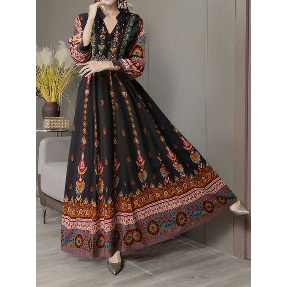MORTTIC Women's Boho Embroidered Maxi Dress V-Neck 3/4 Sleeve Ethnic Long Dress for Elegant Style, S