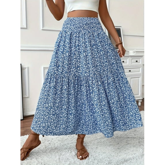 MORTTIC Women's Boho Floral Maxi Skirt - High Elastic Waist, Pleated A-Line Long Skirt for Summer Casual Wear