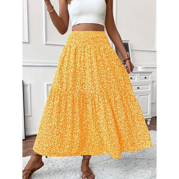MORTTIC Women's Boho Floral Maxi Skirt - High Elastic Waist, Pleated A-Line Long Skirt for Summer Casual Wear