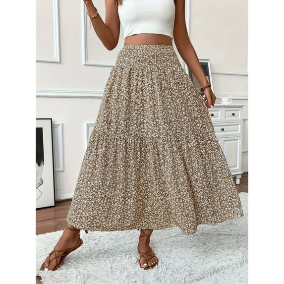 MORTTIC Women's Boho Floral Maxi Skirt - High Elastic Waist, Pleated A-Line Long Skirt for Summer Casual Wear