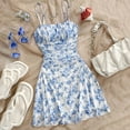thumbnail image 1 of MORTTIC Women's Boho Floral Mini Spaghetti Strap Ruched Sundress with Ruffle Hem for Beach & Vacation Sky Blue，XS, 1 of 6