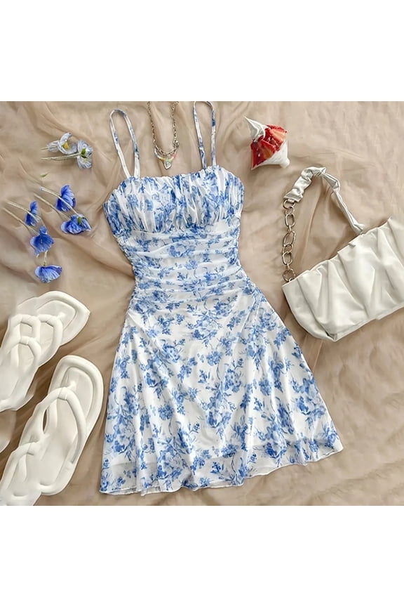 Women's Boho Floral Mini Spaghetti Strap Ruched Sundress with Ruffle Hem for Beach & Vacation Sky Blue,XS