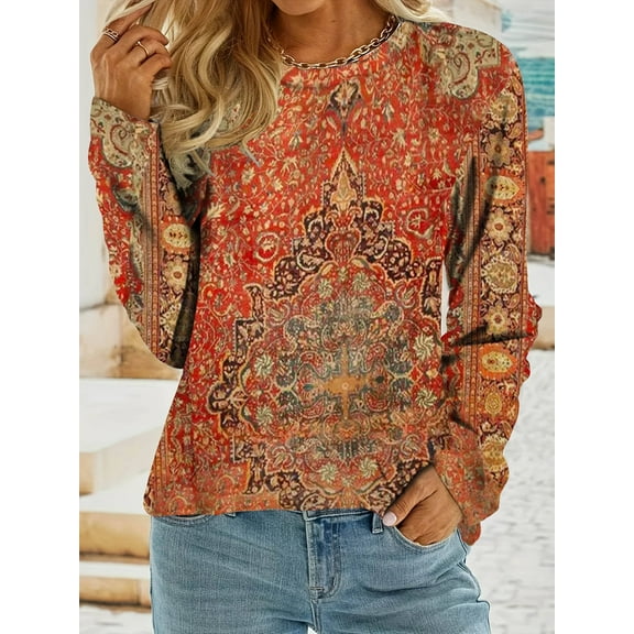 MORTTIC Women's Boho Graphic Print Crew Neck Long Sleeve T-Shirt, Casual Damask Print Tops