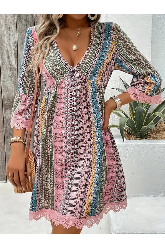 Women's Boho Print Mini Dress V-Neck 3/4 Sleeve Flowy Casual Summer Beach Sundress, L