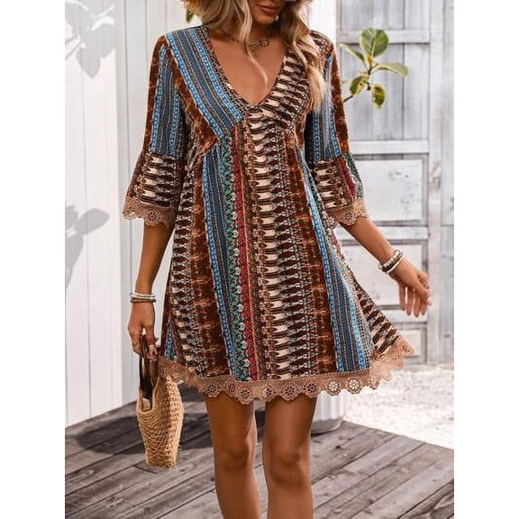 MORTTIC Women's Boho Print Mini Dress V-Neck 3/4 Sleeve Flowy Casual Summer Beach Sundress, S
