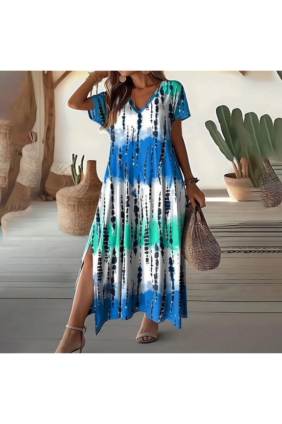 Women's Boho Tie-Dye Short Sleeve V-Neck with Side Slit Casual Summer Long Beach Maxi Dress Blue，K