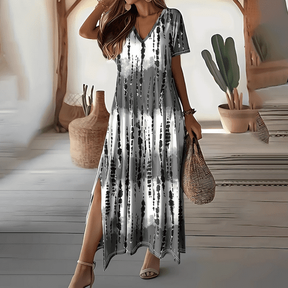 MORTTIC Women's Boho Tie-Dye Short Sleeve V-Neck with Side Slit Casual Summer Long Beach Maxi Dress Gray,L