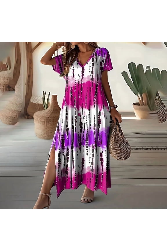 Women's Boho Tie-Dye Short Sleeve V-Neck with Side Slit Casual Summer Long Beach Maxi Dress Rose Red,S