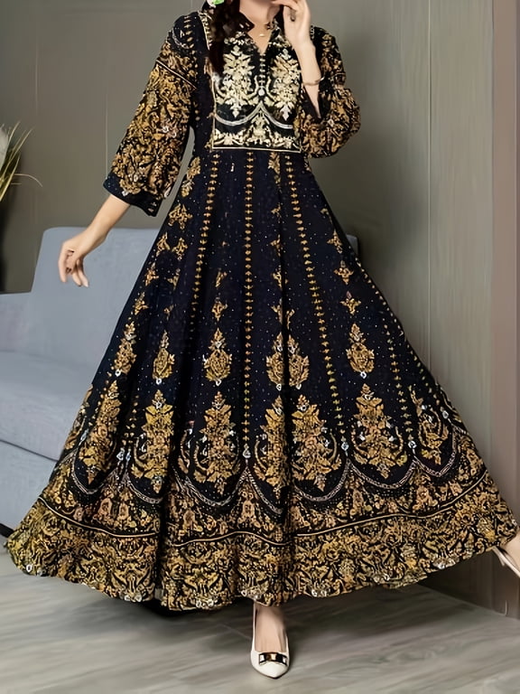 Women's Boho V-Neck Maxi Dress Elegant 3/4 Sleeve Ethnic Floral Print Swing Dress