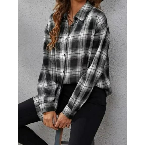 MORTTIC Women's Buffalo Plaid Button-Down Shirt, Long Sleeve Shacket Top, Casual Plaid Blouse for Fall & Winter, Black, S