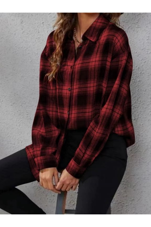 Women's Buffalo Plaid Button-Down Shirt, Long Sleeve Shacket Top, Casual Plaid Blouse for Fall & Winter, Red, L