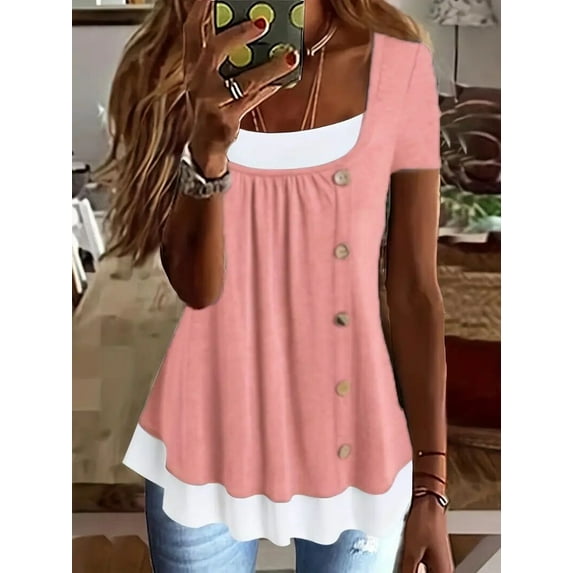 MORTTIC Women's Casual Colorblock Button Detail Short Sleeve T-Shirt – Loose Fit Crew Neck Summer Top for Everyday Wear, Pink, S