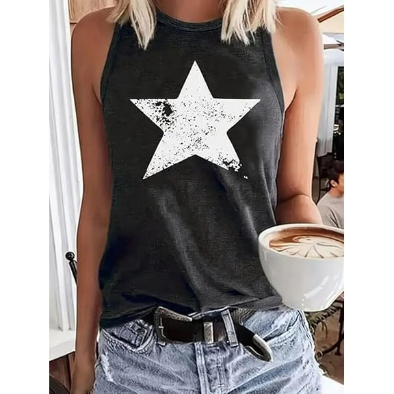 MORTTIC Women's Casual Crew Neck Tank Top Summer Star Print Sleeveless Tee Vest