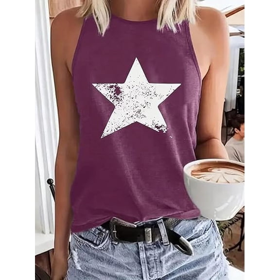 MORTTIC Women's Casual Crew Neck Tank Top Summer Star Print Sleeveless Tee Vest