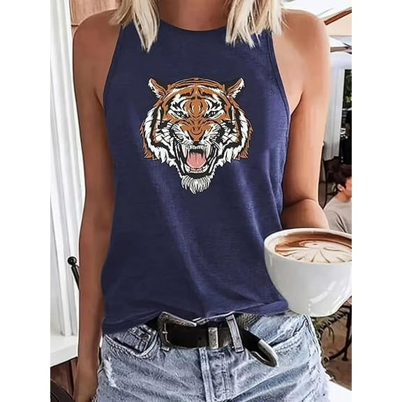 MORTTIC Women's Casual Crew Neck Tank Top Summer Tiger Print Sleeveless Tee Vest