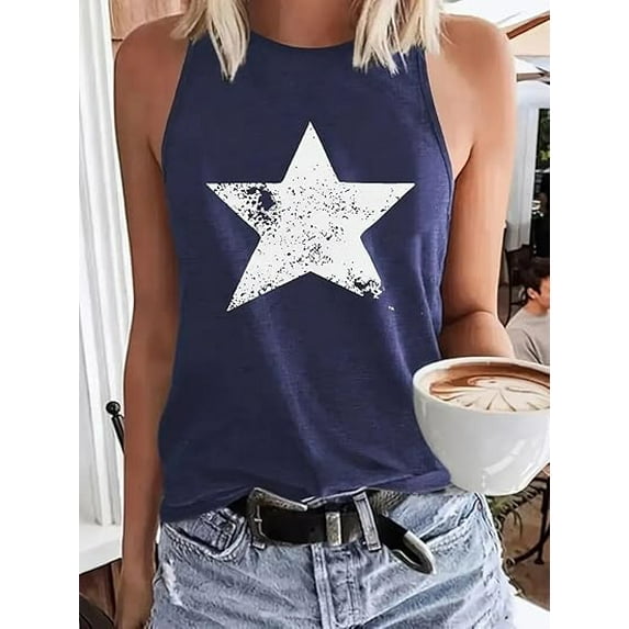 MORTTIC Women's Casual Crew Neck Tank Top Summer Star Print Sleeveless Tee Vest