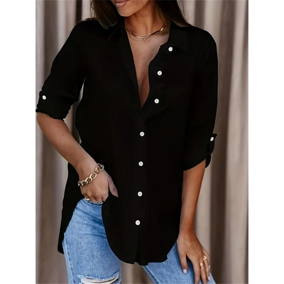 MORTTIC Women's Casual Long Sleeve Button-Down Shirt with Roll-Up Sleeves, Stylish Mid-Length Blouse for Everyday Wear