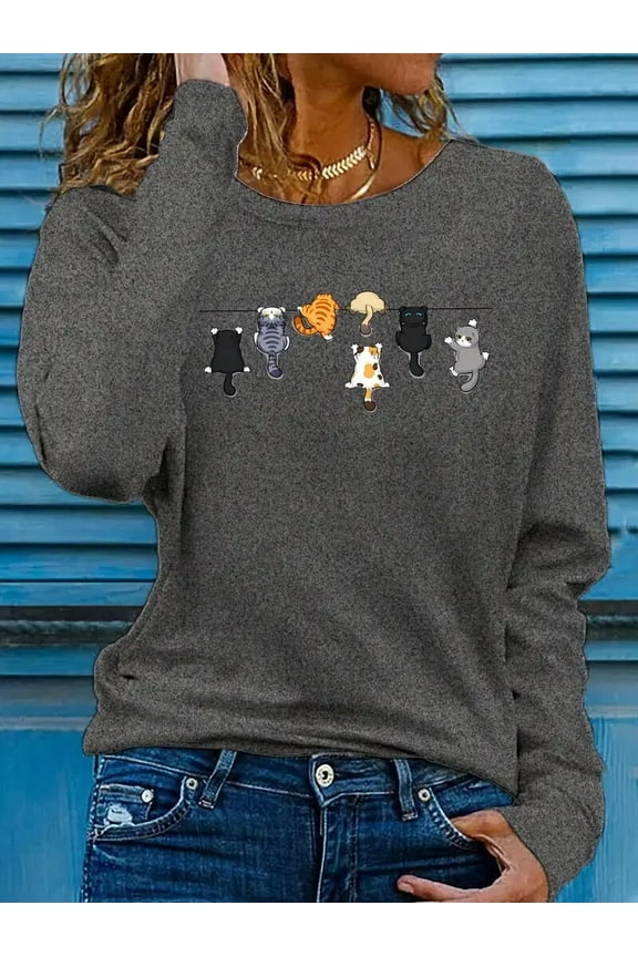 Women's Casual Long Sleeve Crew Neck T-Shirt Adorable Cat Graphic Print Top Tee, XL