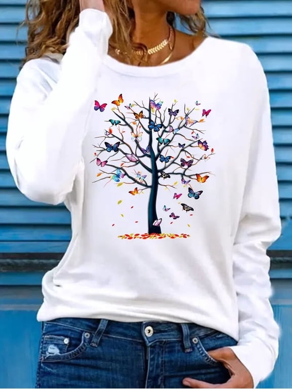 Women's Casual Long Sleeve Crew Neck T-Shirt – Butterfly & Tree Graphic Print Tee Tops, M