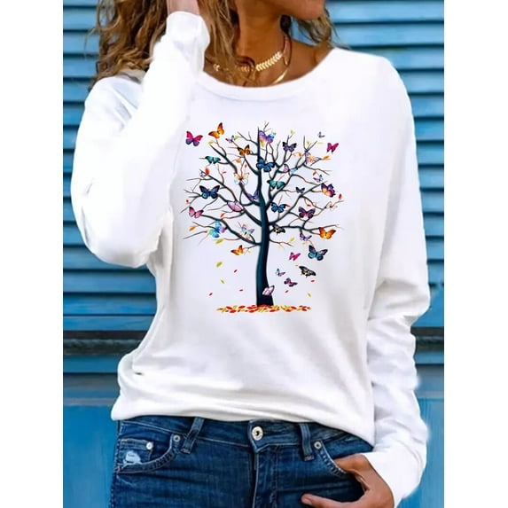 MORTTIC Women's Casual Long Sleeve Crew Neck T-Shirt – Butterfly & Tree Graphic Print Tee Tops, S