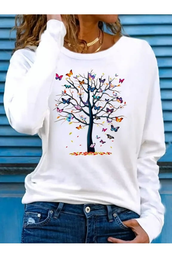 Women's Casual Long Sleeve Crew Neck T-Shirt – Butterfly & Tree Graphic Print Tee Tops, XL