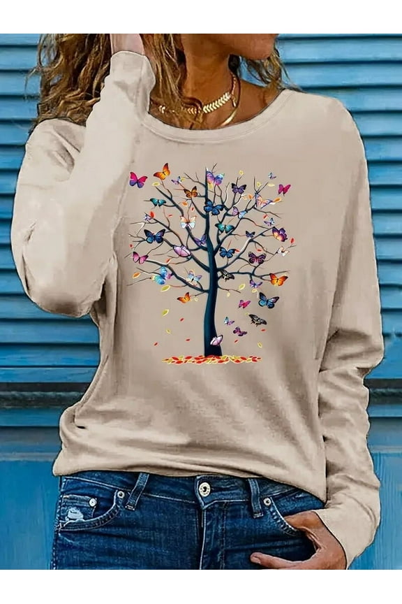 Women's Casual Long Sleeve Crew Neck T-Shirt – Butterfly & Tree Graphic Print Tee Tops, XXL