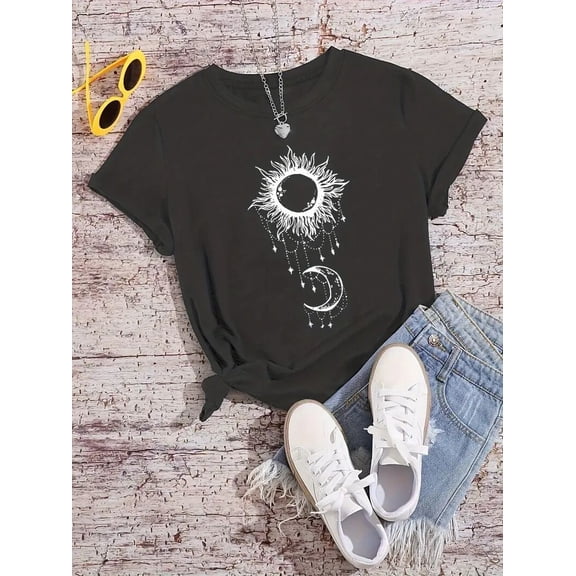 MORTTIC Women's Casual Short Sleeve T-Shirt – Funny Graphic Moon and Sun Print Tee Top