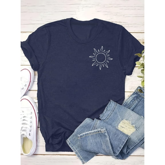 MORTTIC Women's Casual Sun Print Graphic T-Shirt, Crew Neck Summer Short Sleeve Tee Top, S