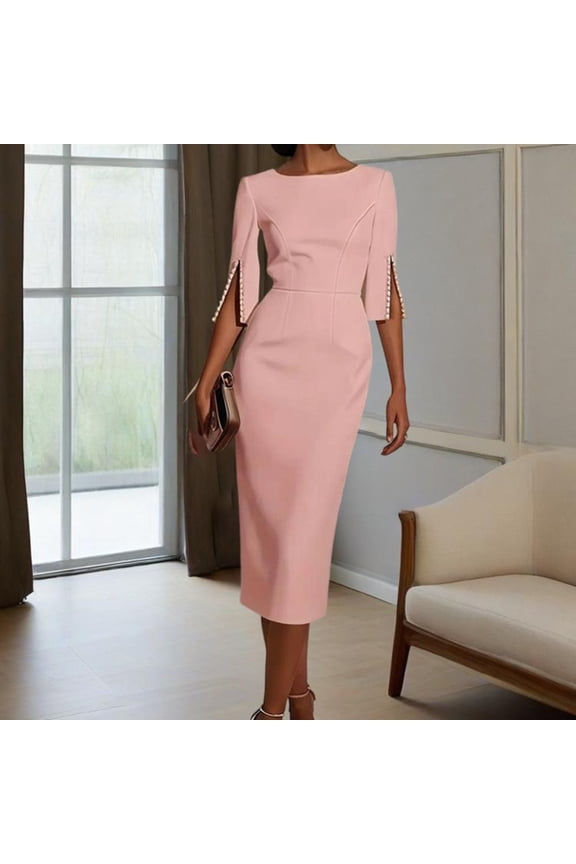 Women's Classic Pearl-Embellished Bodycon Dress - Elegant Crew Neck, Back Zipper & Split Sleeve Formal Dress