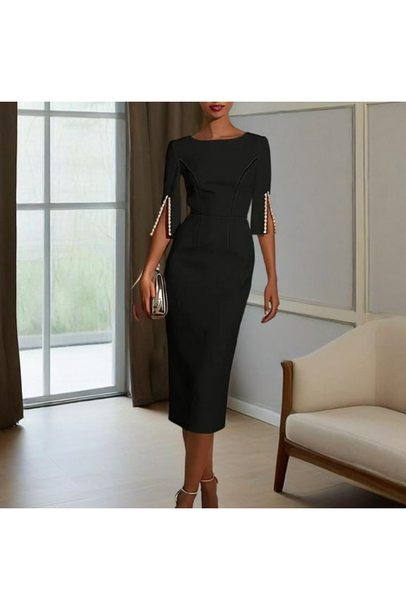 Women's Classic Pearl-Embellished Bodycon Dress - Elegant Crew Neck, Back Zipper & Split Sleeve Formal Dress